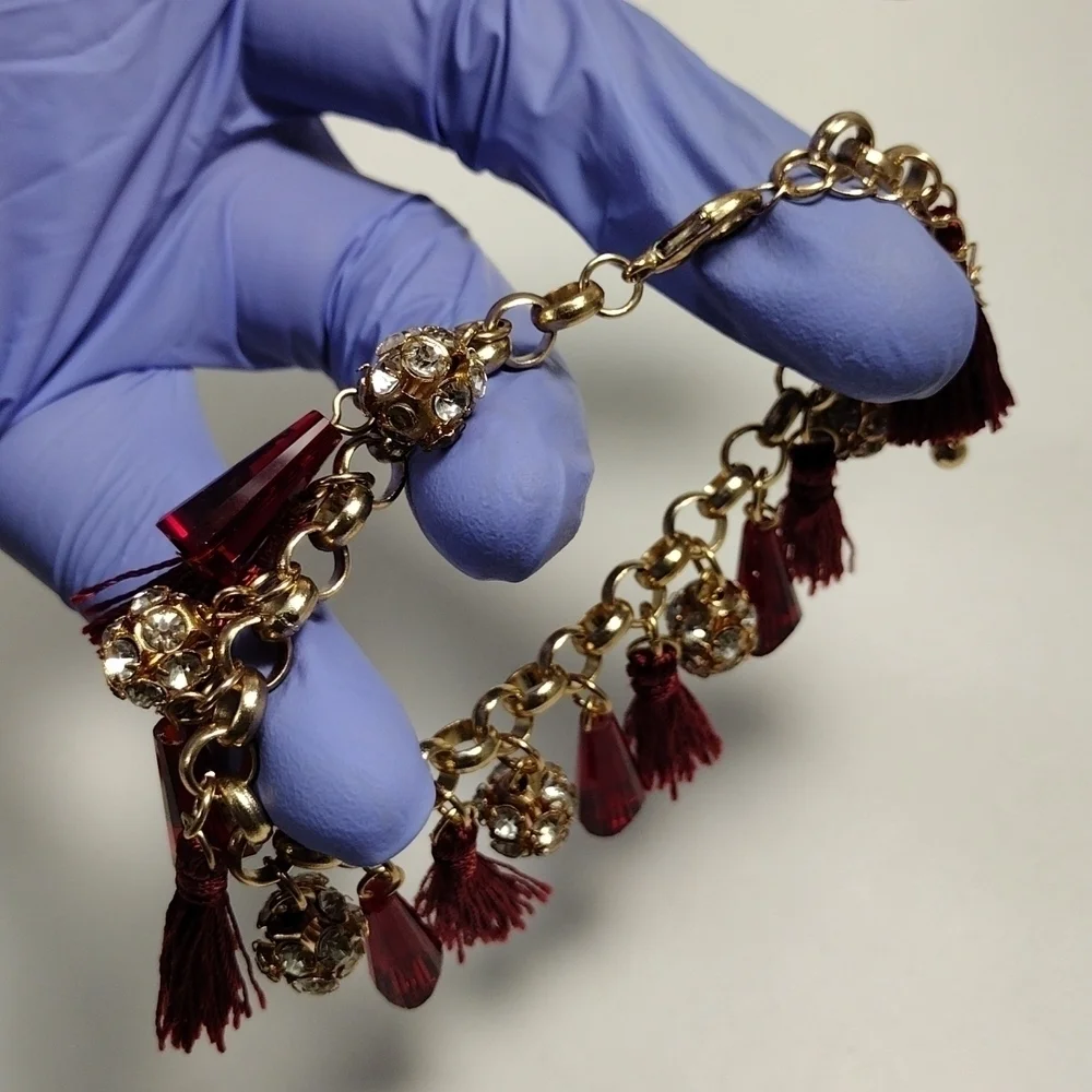 Women's Polished Gold-tone Red Beaded Tassel Bracelet w/ Sparkling Crystal Balls